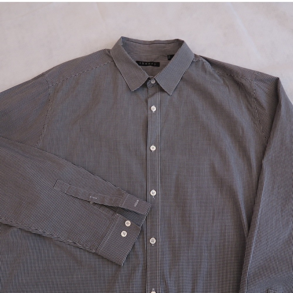 Theory Mens XXL Black‎ White Micro Gingham Stretch Cotton Button Down Shirt